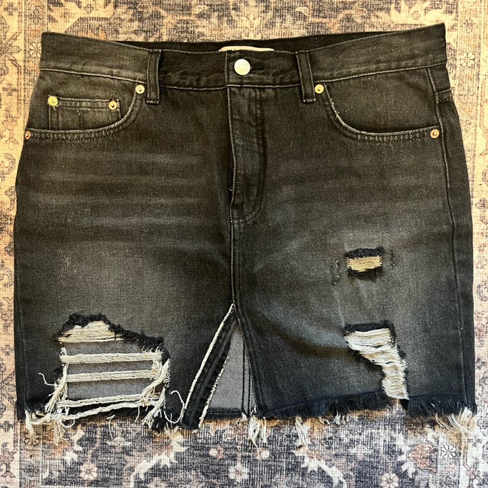 We The Free Black Distressed Denim Mini Skirt